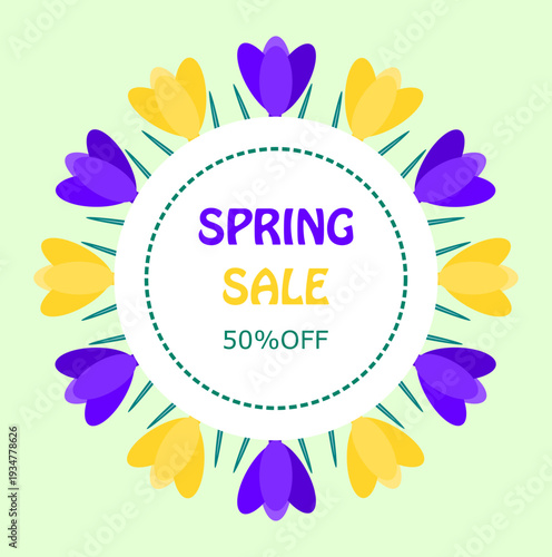 Spring sale banner with crocuses and a inscription on the round sticker "Spring Sale. 50% Off"