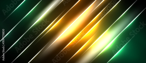 Abstract diagonal lines create vibrant glow. Colors transition from green to gold, suggesting energy, speed, motion. Dark background emphasizes luminosity.