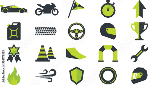 A vibrant collection of modern flat design racing and motorsport icons for web use