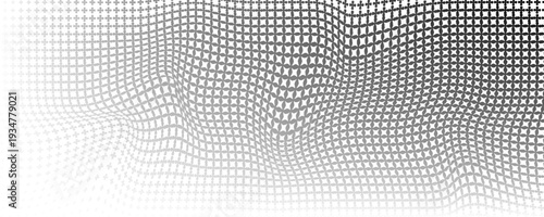 Grunge halftone gradient background. Faded grit noise texture. White and black sand wallpaper. Retro pixelated backdrop.