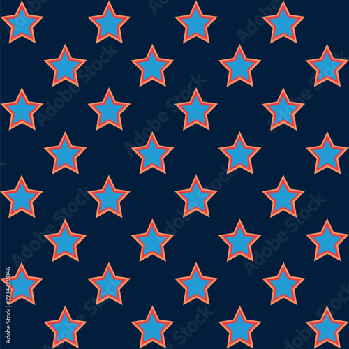 Seamless pattern created from blue stars, edged with red and orange on a navy blue background