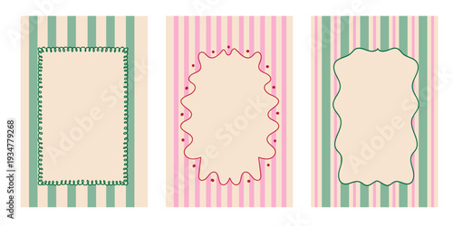 Set of Three Pastel Striped Vintage Frames and Decorative Labels for Invitations and Stationery