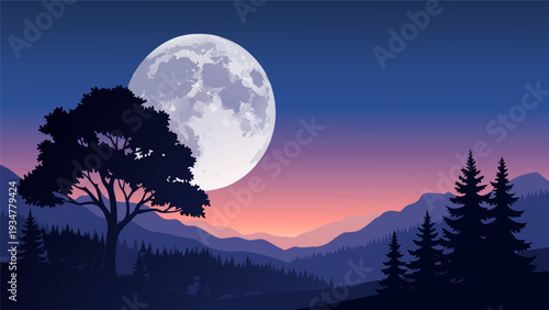 Serene Vector Illustration of Dusk Landscape with Full Moon, Silhouetted Trees, and Distant Mountains