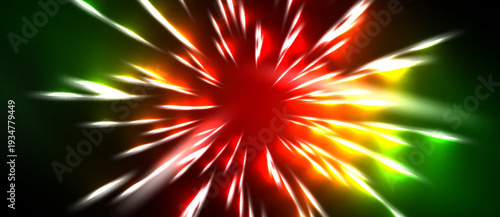 Bright explosion radiates outward. Red, yellow, green hues dominate dark background. Sharp lines create dynamic visual effect.