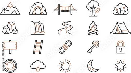 Collection of minimalist line icons representing nature, outdoor adventure, and celestial elements.