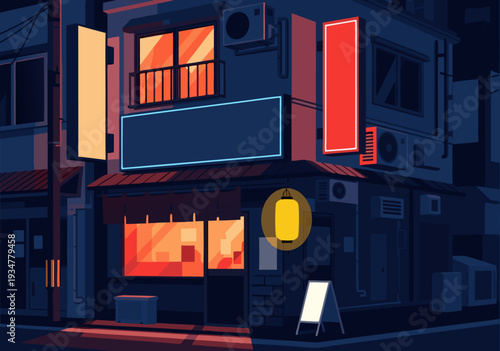Vector Illustration of Quiet Neon-lit Urban Night City Street with Building, Sidewalk, and Boxes in Night Environment
