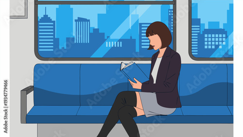 Cartoon Woman Reading Book on Blue Bench with Cityscape Window View in Vector Illustration