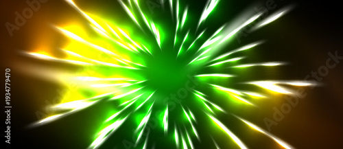 Bright explosion radiates outward. Green, yellow hues dominate dark background. Sharp lines suggest intense energy release.