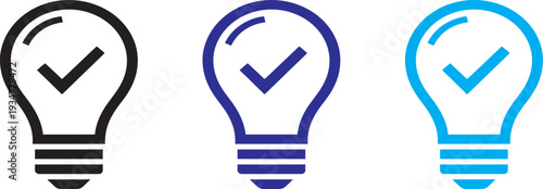 Icon of three light bulbs with checkmarks symbolizing ideas and approval