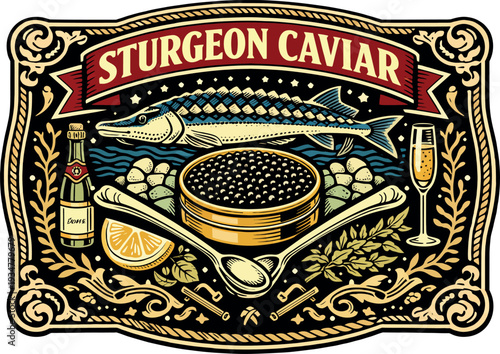 Sturgeon Caviar Vintage Luxury Badge Vector
