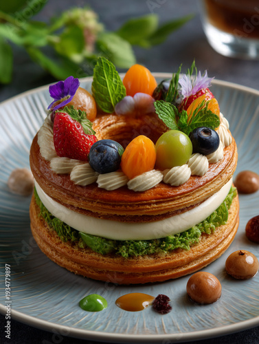 Gourmet paris-brest pastry with fresh fruit and cream