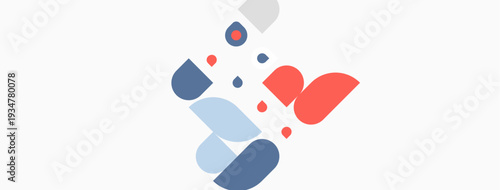 Abstract shapes, red, blue, gray dots compose modern design. Minimalist composition, clean aesthetic, simple forms present visual interest.