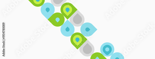 Abstract pattern features repeating circles, squares. Green, gray hues dominate white background. Diagonal arrangement creates dynamic visual flow.