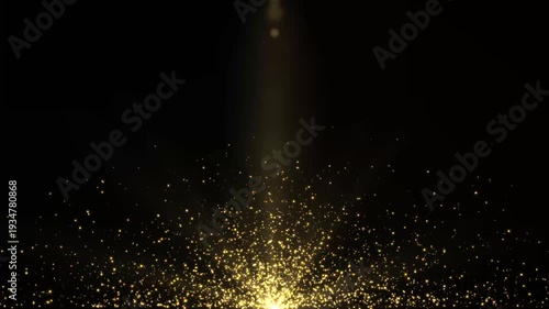 Golden glitter particle, Particles Explosion. Abstract circular golden sparkle glitter bokeh flowing movement, congratulation greeting party, sparks magic dust forming, light rays. 4k