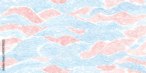 Abstract Fine Line Blue and Coral Waves Seamless Pattern.