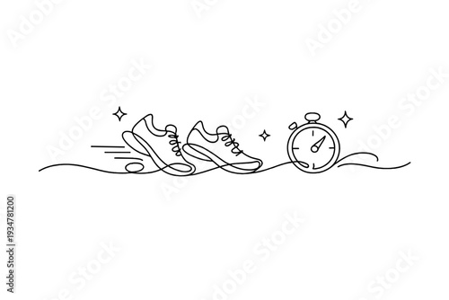 Running shoes and stopwatch in continuous line art style, symbolizing speed and time