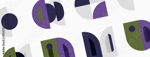 Abstract geometric shapes repeat. Purple, olive, gray tones dominate white background. Modern design elements present.