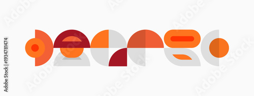 Abstract geometric shapes, orange tones, minimalist design. Circles, semicircles, lines create playful composition. Modern aesthetic.