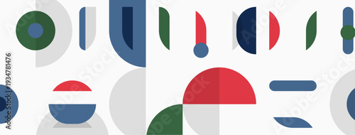 Abstract geometric shapes, circles, rectangles, lines. Minimalist design with muted colors, modern aesthetic. Composition feels balanced, clean.