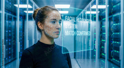 Concept portrait of a young woman looking at a transparent digital screen displaying her facial wireframe during a biometric security scan