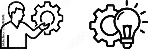 Icon of a person turning a gear and a light bulb with gear for innovation and ideas