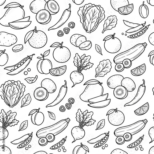 Black and White Fruit Vegetable Outline Doodle Pattern Vector