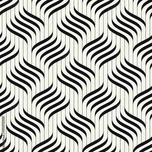 Monochrome seamless geometric wave pattern with bold interlaced grid structure. Modern abstract background featuring rhythmic wavy lines and repeating ripple effect. Stylish vector texture.