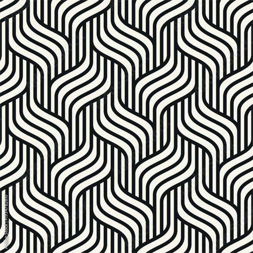 Monochrome seamless geometric wave pattern with bold interlaced grid structure. Modern abstract background featuring rhythmic wavy lines and repeating ripple effect. Stylish vector surface design.