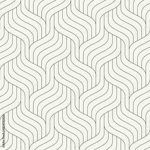 Monochrome seamless geometric wave pattern with linear interlaced grid structure. Modern abstract background featuring rhythmic wavy lines and repeating ripple effect. Stylish vector surface design.