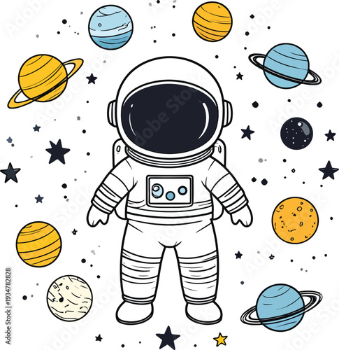Cute cartoon astronaut in a spacesuit floating among planets and stars. Whimsical vector illustration of the solar system for children.