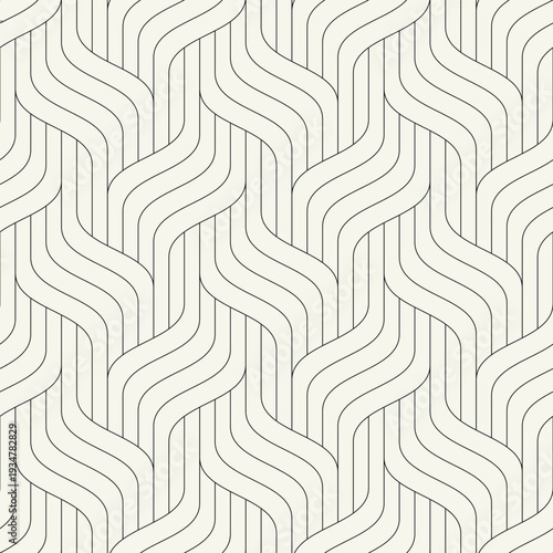 Monochrome seamless geometric wave pattern with linear interlaced grid structure. Modern abstract background featuring rhythmic wavy lines and repeating ripple effect. Stylish vector surface design.