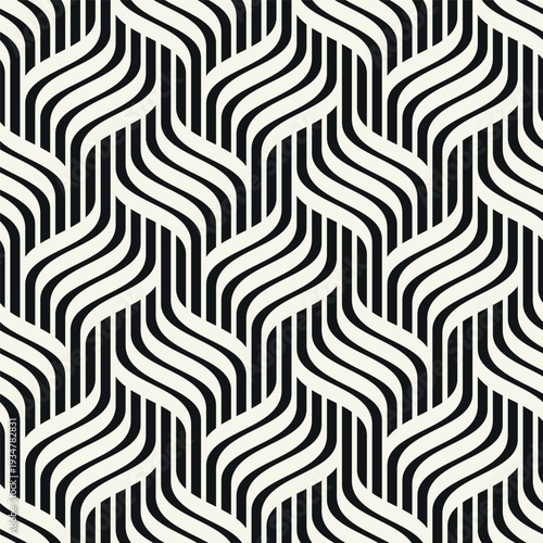 Monochrome seamless geometric wave pattern with bold interlaced grid structure. Modern abstract background featuring rhythmic wavy lines and repeating ripple effect. Stylish vector surface design.