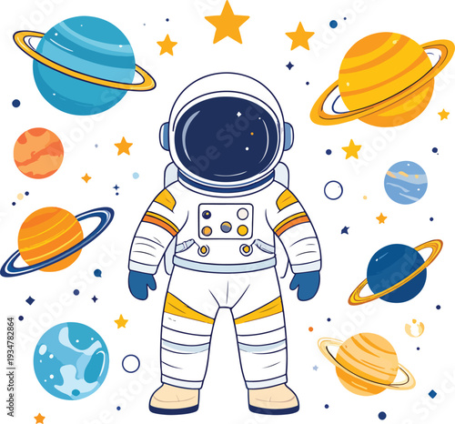 Cute cartoon astronaut character standing in space surrounded by colorful planets and stars.