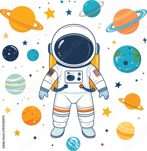 Cute cartoon astronaut character floating in outer space surrounded by colorful planets and stars.