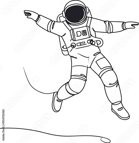 Black and white line art illustration of an astronaut floating in zero gravity space.