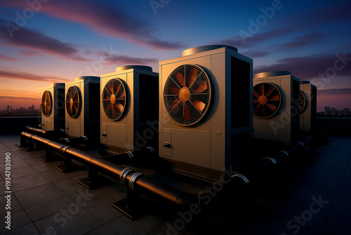 Commercial Rooftop Heat Pump Array at Sunset – Large Scale Sustainable Heating and Cooling System