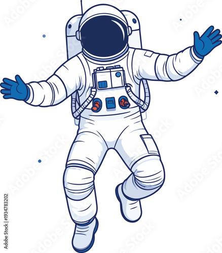 Cartoon astronaut character in a spacesuit floating in zero gravity outer space.