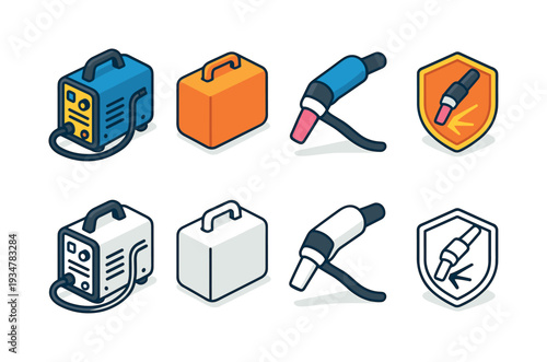 Welding equipment icon set in 3d style. tools, machinery, safety, industrial collection