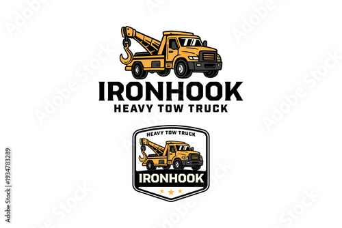 Heavy tow truck modern logo design for roadside service. Wrecker recovery truck badge logo design for towing service. Heavy duty tow truck illustration element design for transport business and garage