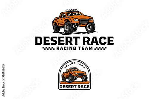 Desert racing truck modern logo design for off road team. 4x4 rally truck vehicle badge logo design for desert race club. Lifted race truck illustration element design for racing team and competition
