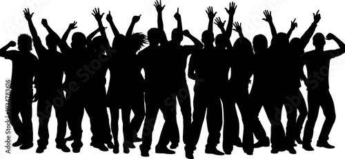 Cheering Crowd Silhouette with Raised Hands, Happy People Party, Flat Vector Illustration