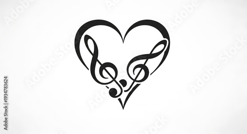 A minimalist heart shaped music note vector graphic with treble clef and musical notes