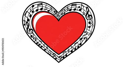 A heart shaped music note icon with a red center and musical notes around it