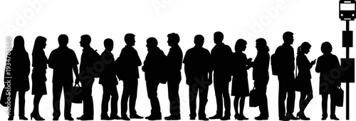 Commuters Queueing at Bus Stop Silhouette Set, Urban Public Transport Flat Illustration