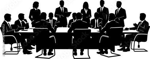 Corporate Business Meeting Silhouette, Professional Team Boardroom Discussion, Flat Vector Illustration