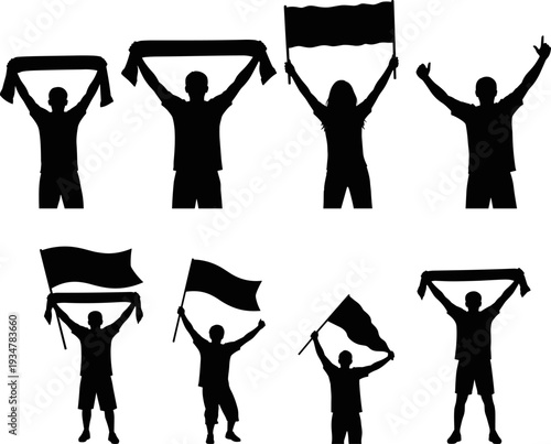 Crowd of Fans and Protesters Holding Flags and Banners, Public Demonstration Flat Vector Illustration