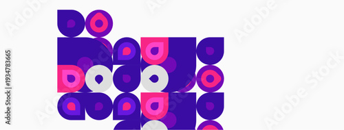 Abstract geometric shapes, purple, pink, white. Modern design, playful composition, simple forms, flat illustration.