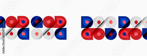 Pattern features repeating blocks. Blocks contain circles, squares, red, blue, gray colors. Design appears modern, geometric.