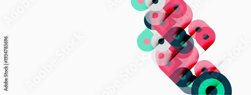 Abstract graphic design features overlapping colorful shapes forming text. Minimalist composition with vibrant hues against white background.