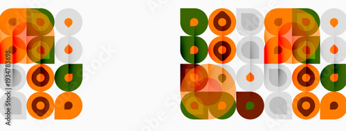 Geometric pattern repeats twice. Circles, squares, teardrops create midcentury modern aesthetic. Warm colors dominate design.